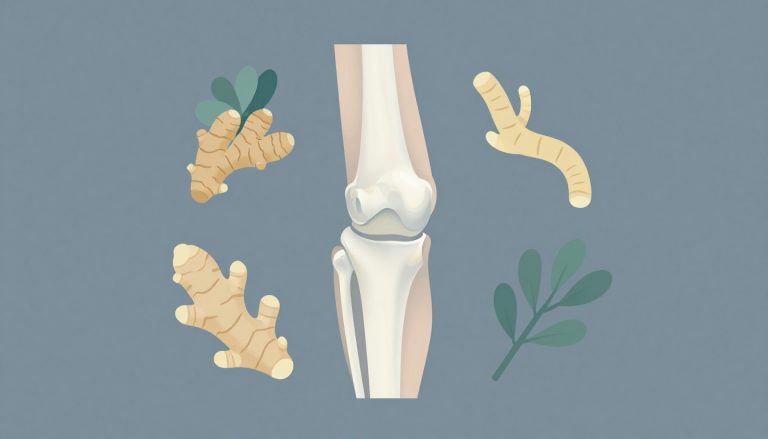 Articulation du genou entourée de curcuma, boswellia, gingembre et harpagophytum.