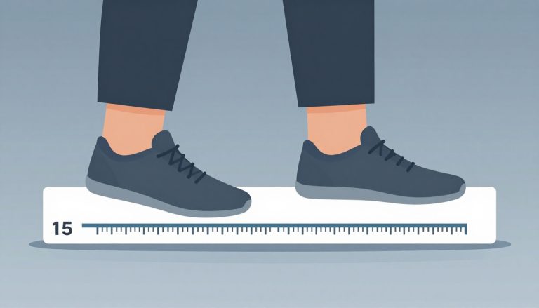 Chaussure de running grise mesurée sur une planche avec un centimètre devant les orteils.