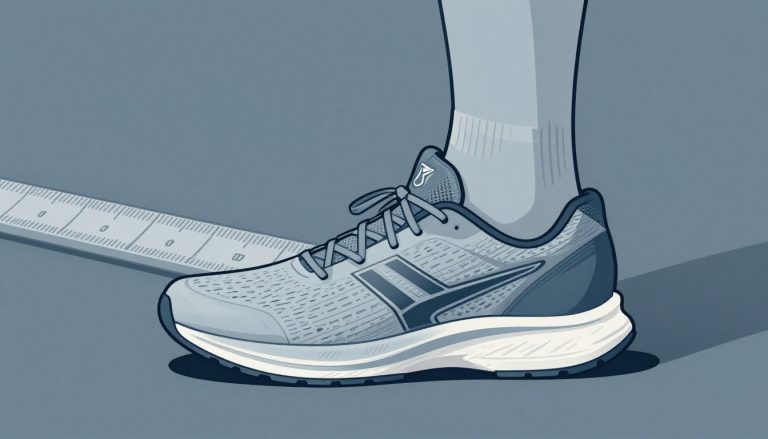 Pied en chaussette sur une planche de mesure, avec une chaussure de running.