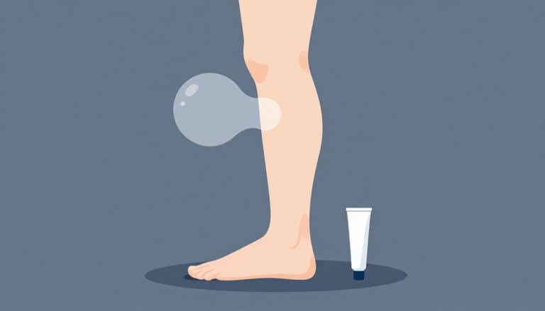 Genou de profil avec une tuméfaction devant la rotule et un tube de gel à droite.