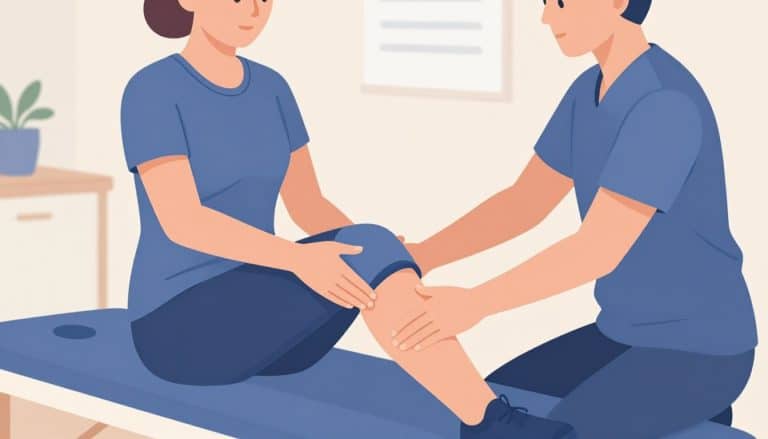 Une kinésithérapeute guide une femme dans un exercice d’extension du genou.
