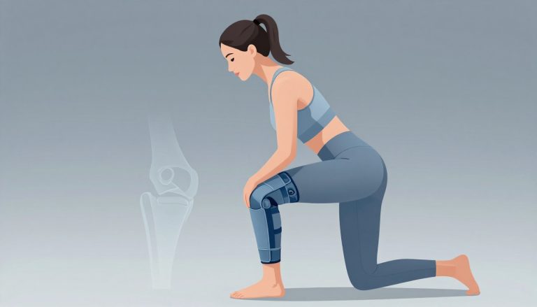 Une femme fléchit le genou en tenant une orthèse bleue, près d’une illustration de l’articulation.