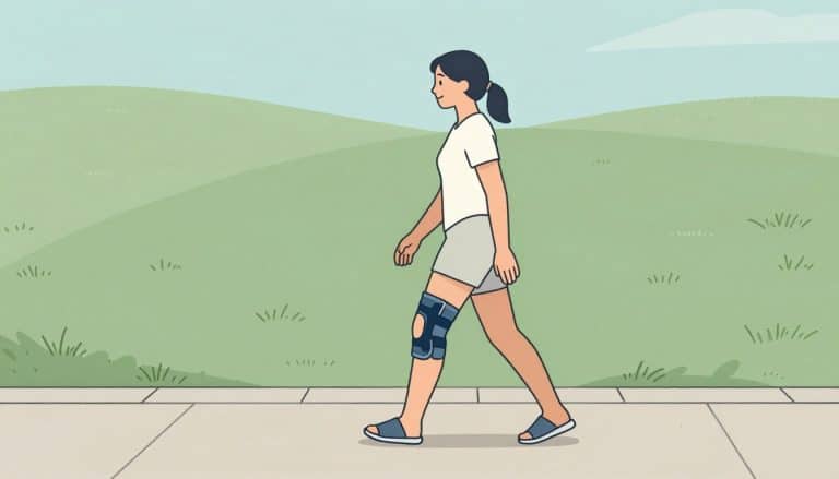 Une femme souriante avance avec une genouillère sur une allée de parc.