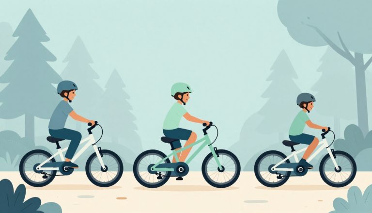Un enfant casqué à côté de trois VTT de tailles différentes en forêt.