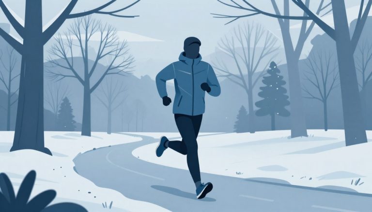 Coureur en veste bleu ardoise courant sur un sentier givré parmi des arbres enneigés.