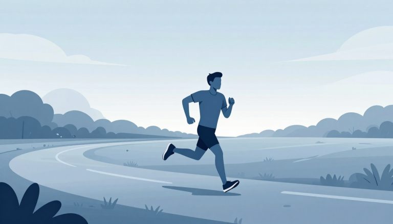 Un coureur en tenue bleue avance sur un chemin bordé d’arbres.