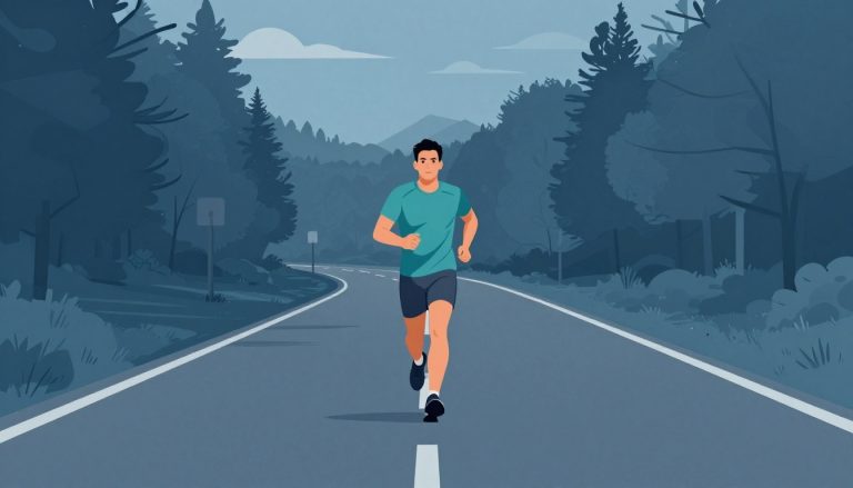 Un coureur avance sur une route courbe bordée d’arbres dans un parc.