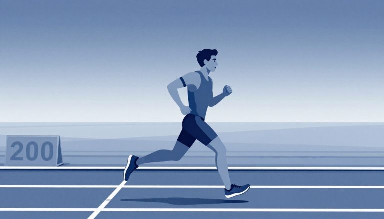 Un coureur concentré sur une piste avec un repère de 200 m.