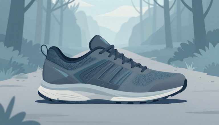 Deux chaussures de course usées posées sur un sentier forestier brumeux.