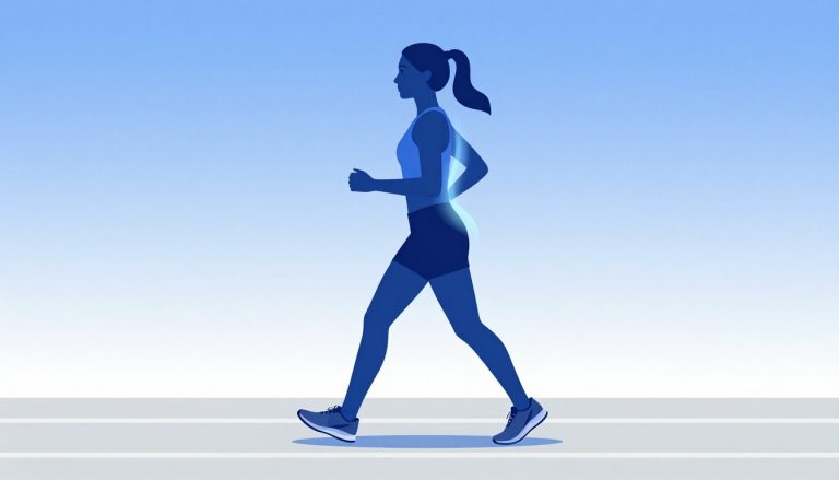 Une coureuse de profil porte des chaussures neutres, avec une courbe lombaire bleue derrière elle.