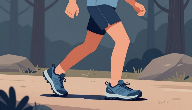 Coureur sur un sentier forestier portant des chaussures de trail à semelle bleutée.