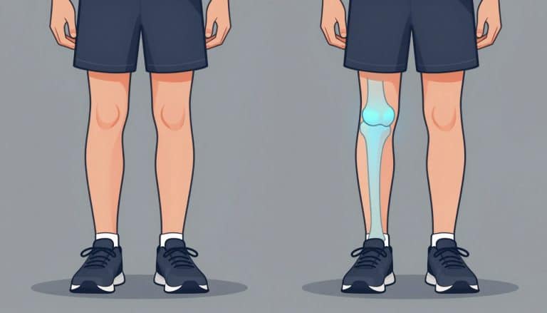 Genou d’un jeune garçon, avec deux zones osseuses colorées en bleu.