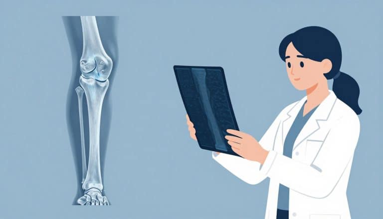 Une radiologue examine une radiographie du genou avec des calcifications visibles dans le cartilage.