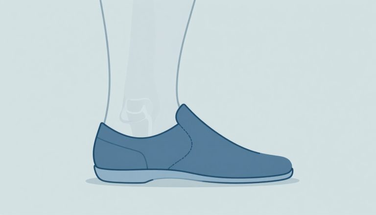Chaussure ouverte montrant une semelle bleue et un genou légèrement fléchi.