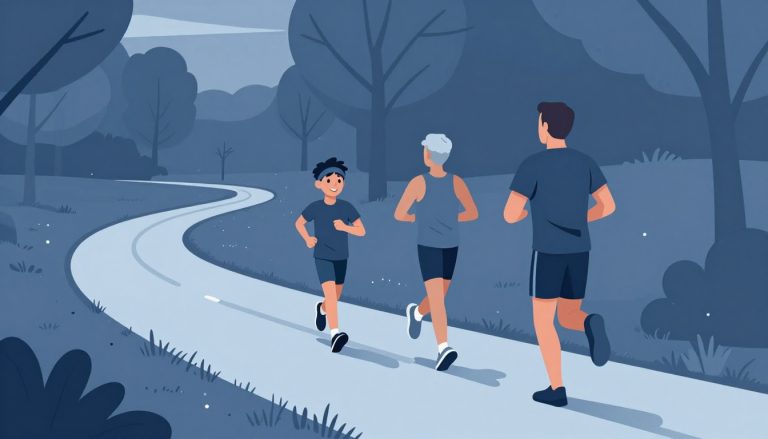 Quatre coureurs d’âges différents suivent un sentier dans un parc.