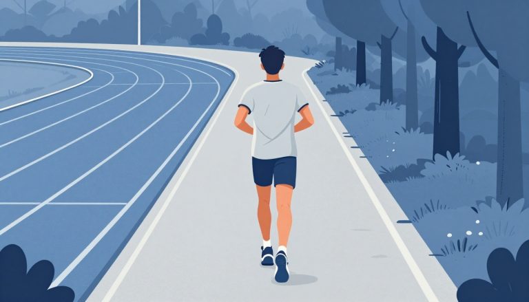 Un coureur entre une route, un sentier forestier et une piste d’athlétisme.