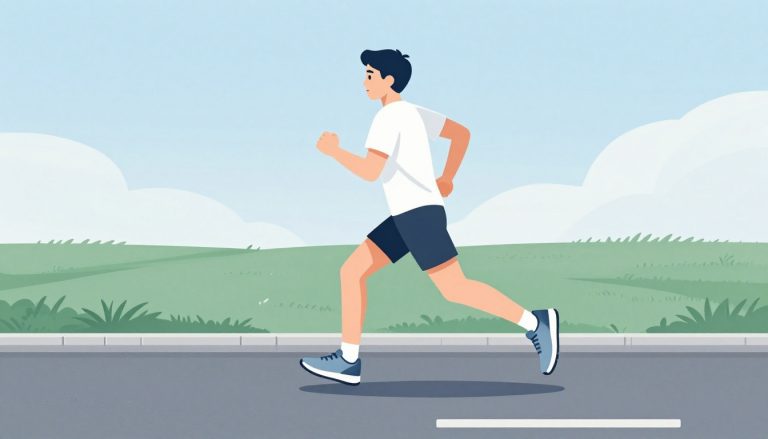 Une coureuse en mouvement porte des chaussures bleu pâle sur une route bordée d’herbe.
