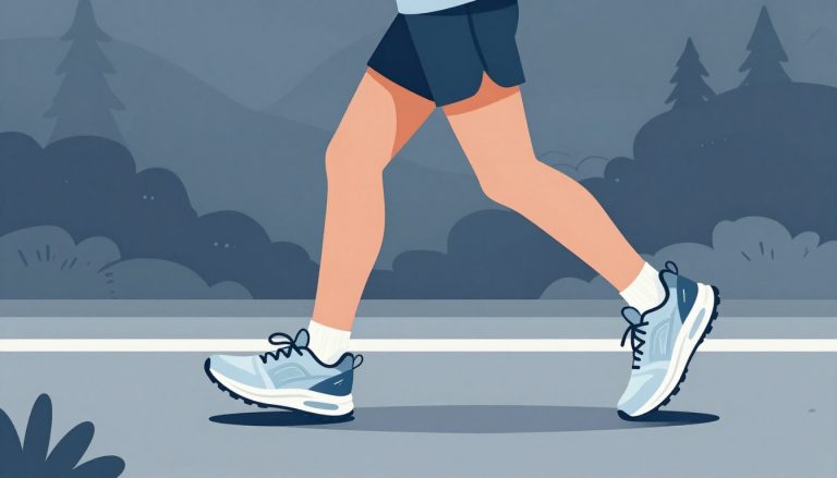 Un coureur montre des chaussures avec mousse amortissante et semelle crantée.