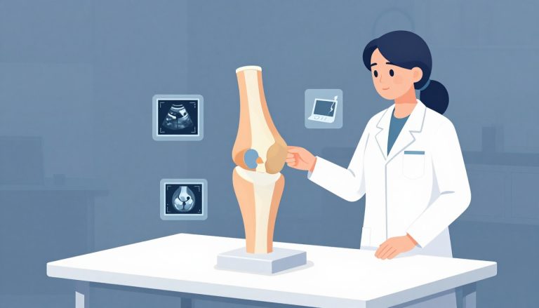 Une médecin présente un modèle de genou gonflé entouré d’icônes d’examens médicaux.