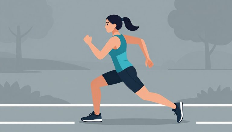 Une coureuse en fente sur une piste, avec les muscles des jambes et du tronc subtilement mis en évidence.