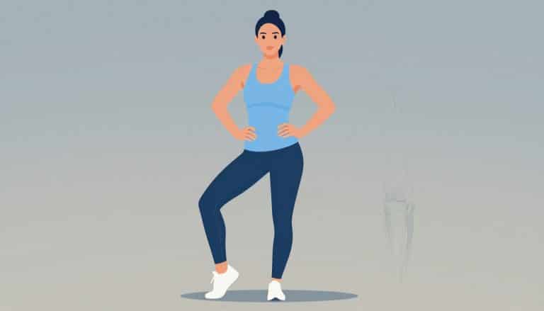 Une sportive en équilibre sur une jambe, genou légèrement fléchi.
