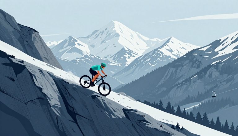 Un vététiste en maillot turquoise descend un sentier étroit au-dessus d’une vallée, avec des sommets enneigés.