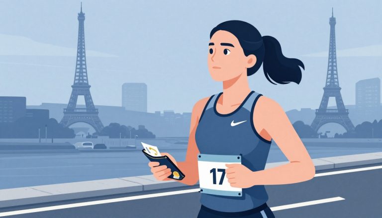 Une coureuse tient un dossard et un portefeuille ouvert sur une route.