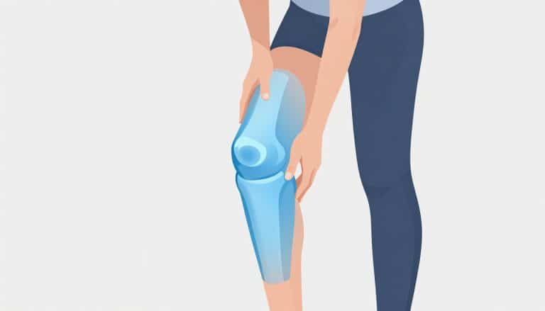 Une sportive touche son genou droit, où le ménisque interne est mis en évidence en bleu.