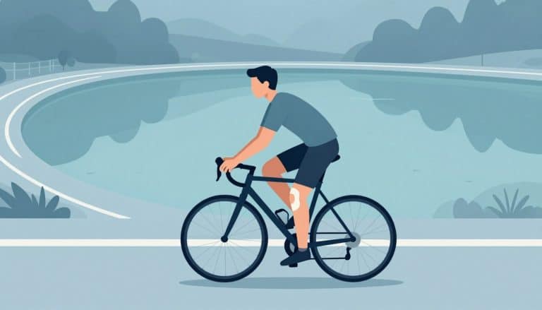 Un cycliste portant une genouillère roule près d’un lac calme.