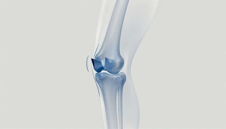 Illustration latérale d’un genou montrant un fragment près du ménisque bleu.