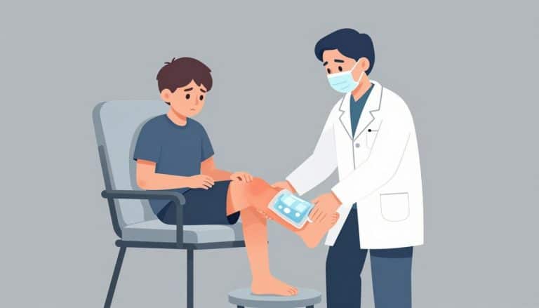 Un médecin soutient le genou gonflé d’un adolescent assis, avec une poche de glace.