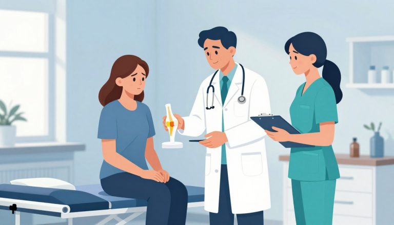 Une patiente consulte un médecin et une kinésithérapeute pour une douleur au genou.