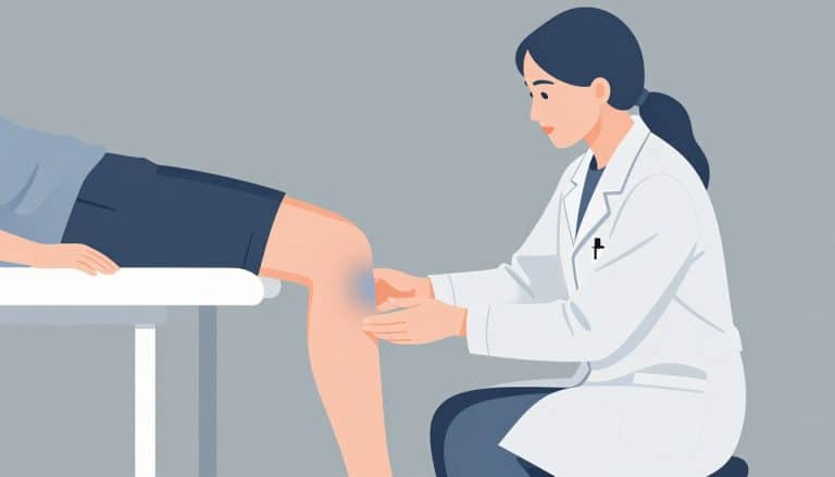 Une médecin examine un genou présentant un gonflement bleuté sur la rotule.