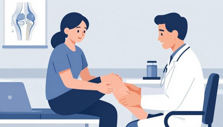 Un médecin examine le genou d’une jeune femme dans un cabinet médical.