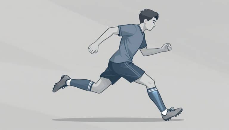 Un jeune footballeur en sprint, avec le genou droit et ses structures anatomiques mis en évidence.