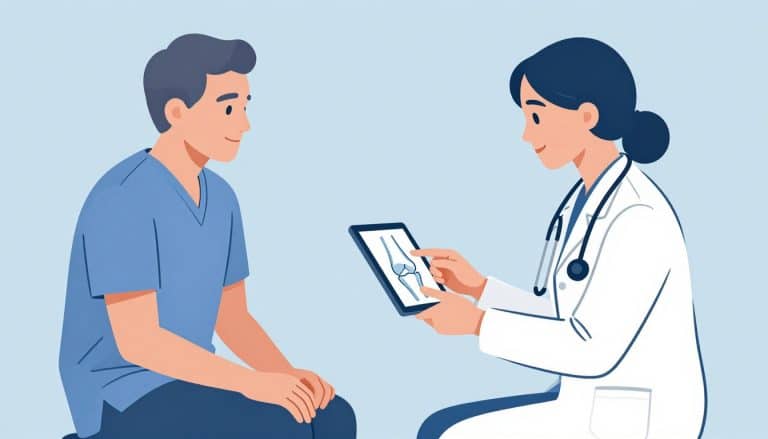 Un patient montre son genou à une médecin qui consulte un schéma sur tablette.