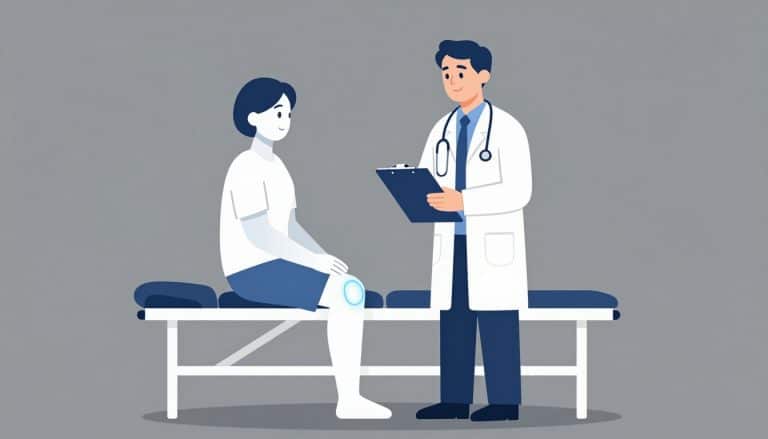 Un médecin montre le genou gonflé d’un patient assis sur une table d’examen.