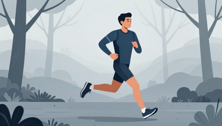 Un coureur en sous-couche bleutée avance sur un sentier forestier brumeux.