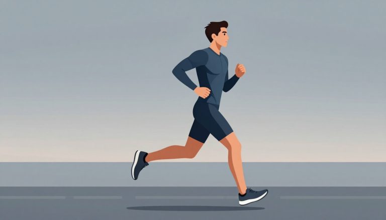 Coureur en sous-vêtement technique bleu sur un chemin brumeux.
