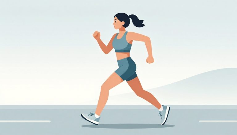 Une coureuse porte une brassière et un shorty bleu sarcelle sur une route abstraite.