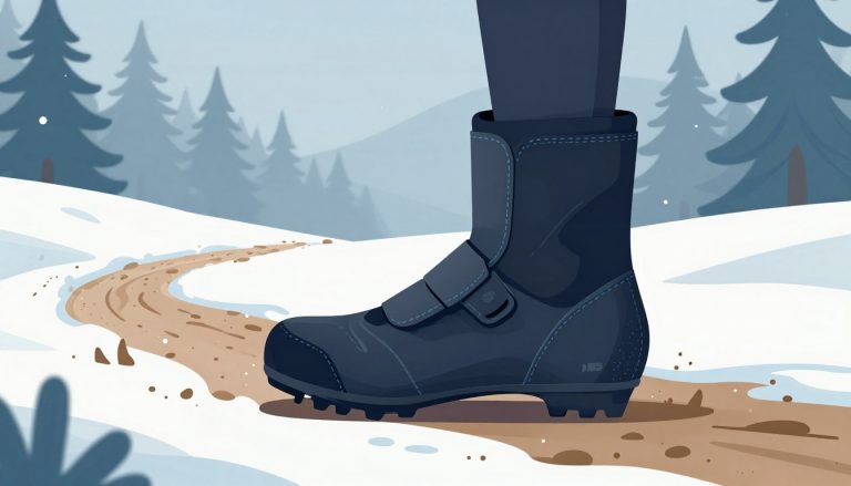 Une chaussure VTT noire protégée par une surchaussure sur un sentier enneigé.