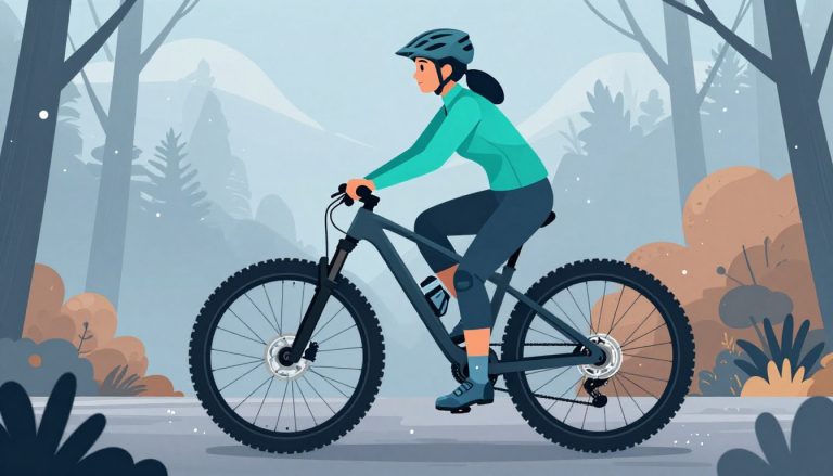 Une vététiste porte des surchaussures bleu ardoise près d’un vélo noir en forêt.