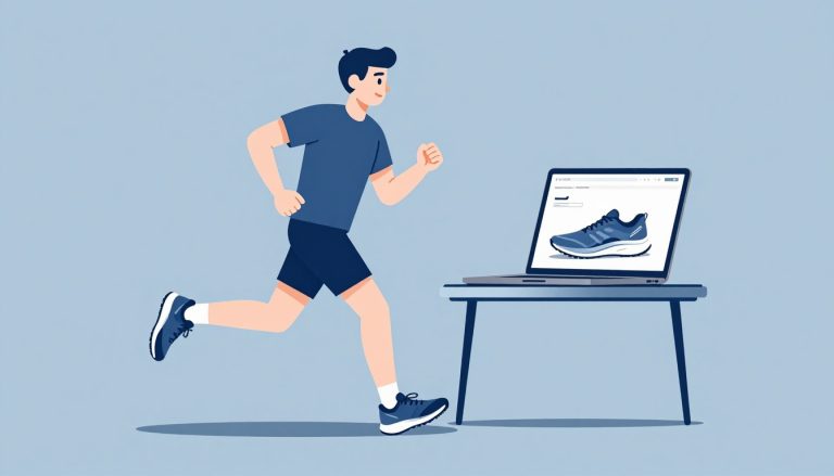 Un coureur présente des chaussures devant un ordinateur affichant des produits.