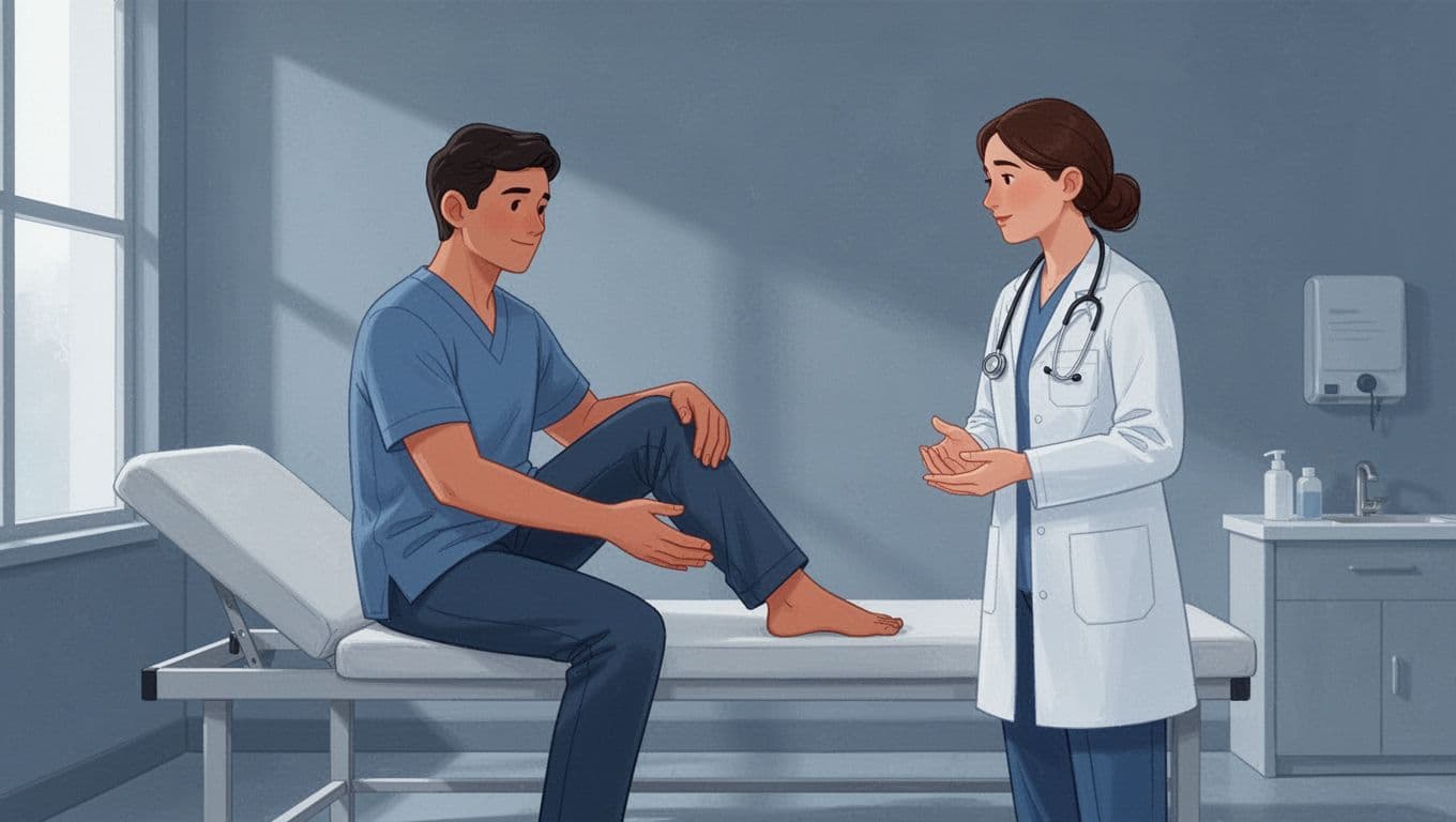Une personne réalise une flexion douce du genou sous l'observation d'un kinésithérapeute.