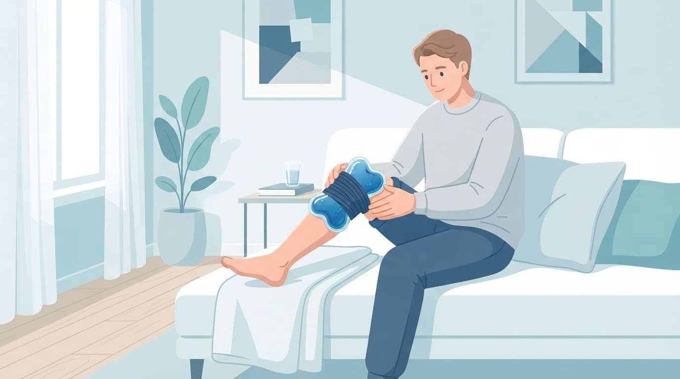 Une personne utilise une poche froide et un bandage sur son genou douloureux.
