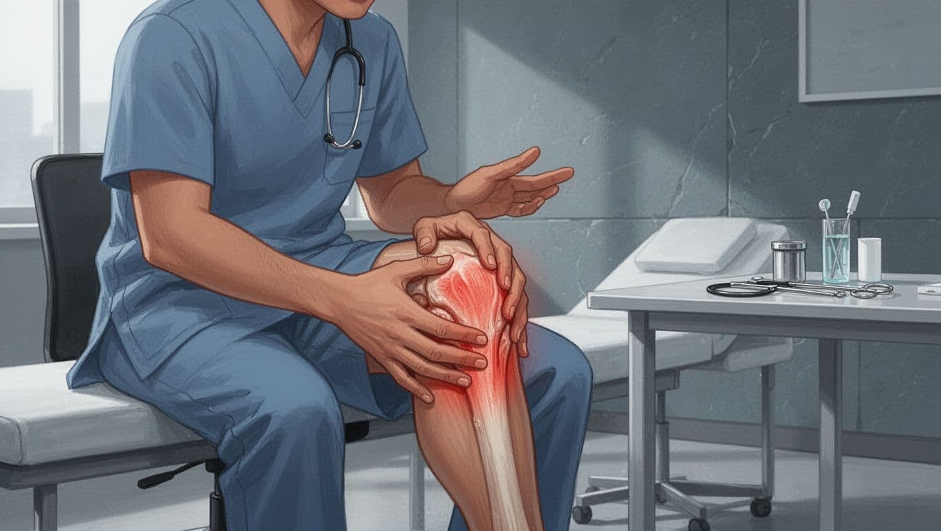 Illustration d'un genou enflé avec des symboles médicaux de consultation urgente.