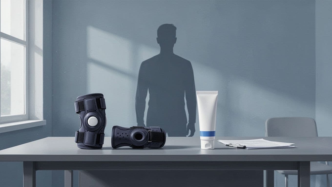Une genouillère et un gel antidouleur posés sur un bureau devant une silhouette médicale.
