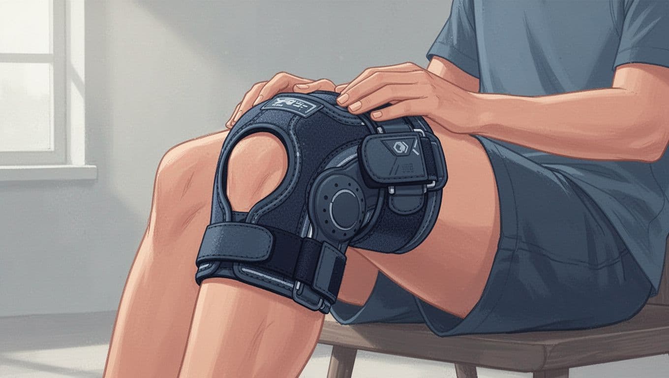 Une personne porte une genouillère autour du genou dans une posture de repos.