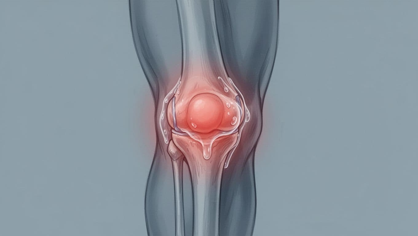 Un genou humain stylisé présente des signes visuels d'inflammation et de gonflement.