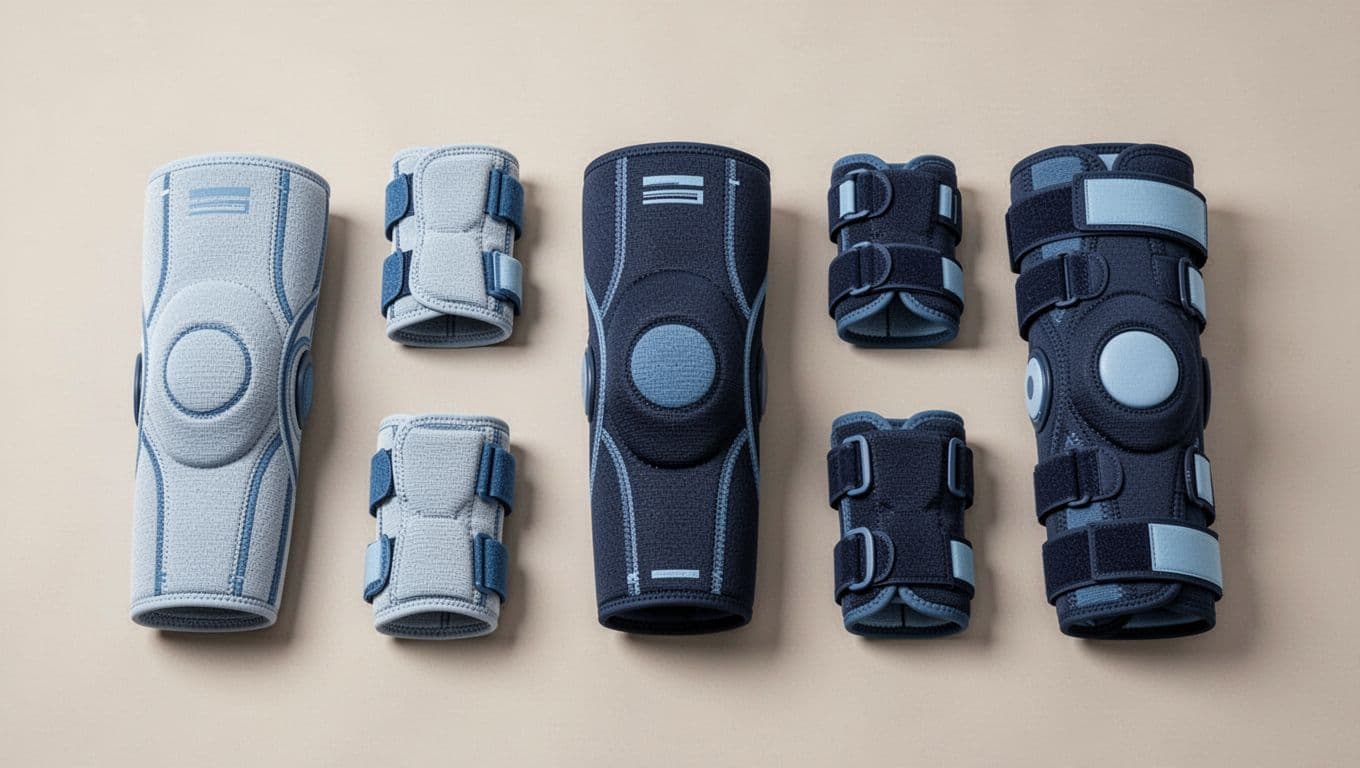 Plusieurs genouillères et attelles de styles différents sur un fond neutre.